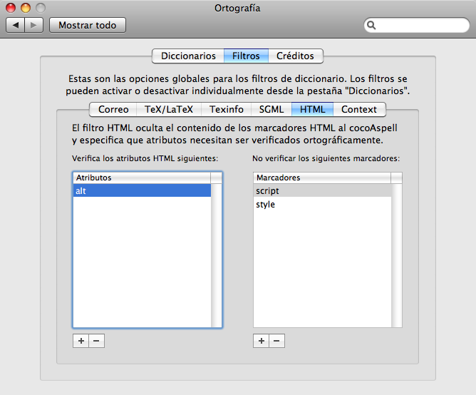 Pestaña filtros HTML